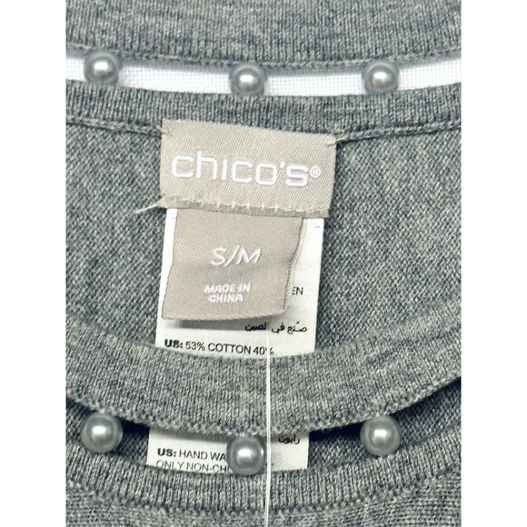 Chico's Gray Oversized Poncho Sweater S/M Peal Detail Embellished Neckline New - Picture 3 of 6